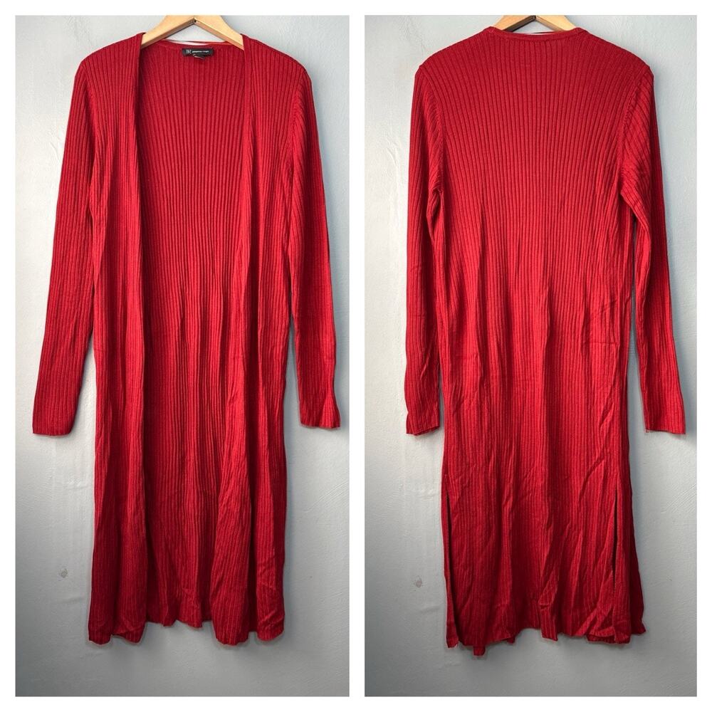 INC Duster Sweater Size Large Burnt Orange Ribbed Knit Long Cardigan Festival